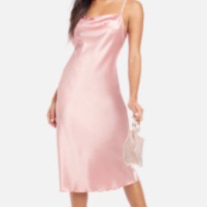 BEBE Drape Neck Satin Finish Midi Slip Dress NWT